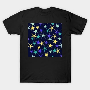 Starfish galaxy in deepest blue, deep periwinkle, butter yellow and teal green T-Shirt